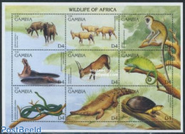 Gambia 1996 Animals 9v M/s, Mint NH, Nature - Animals (others & Mixed) - Crocodiles - Hippopotamus - Monkeys - Reptile.. - Gambie (...-1964)