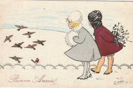 TE 18- " BONNE ANNEE "- CARTE FANTAISIE ILLUSTRATEUR ZANE - FILLETTES DANS UN PARC EN HIVER AVEC GUI ET OISEAUX- 2 SCANS - Anno Nuovo