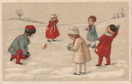 TE 18- " BONNE ANNEE "- CARTE FANTAISIE ILLUSTRATEUR - ENFANTS ET BATAILLE DE BOULES DE NEIGE - 2 SCANS - New Year