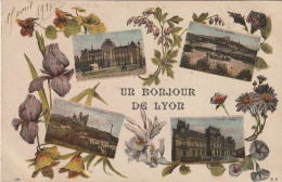 TE 22-(69) UN BONJOUR DE LYON - CARTE MULTIVUES COULEURS - DECORATION FLORALE - 2 SCANS - Otros & Sin Clasificación