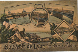 TE 22-(69) SOUVENIR DE LYON , LES RIVES DU RHONE - CARTE FANTAISIE MULTIVUES COLORISEE - TIMBRE TAXE SUISSE - 2 SCANS - Otros & Sin Clasificación