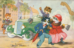 UR 15- " ECRASEUR ! " - " MAUDITS PIETONS !! " - COUPLE DE CHATS HUMANISES TRAVERSANT DEVANT UNE AUTOMOBILE  - Gekleidete Tiere