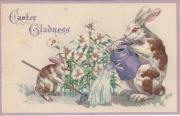 UR 17- " EASTER GLADNESS "- ( JOIE DE PAQUES ) - LAPIN ET LAPEREAU JARDINANT - ARROSOIR , BECHE   - Pâques