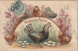 UR 17- " HEUREUSES PAQUES  "-  CARTE GAUFREE AVEC POULE ET POUSSINS , OEUFS - EDIT J.C , PARIS - Pasqua