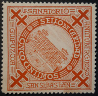 SANATORIO ANTITUBERCULOSO SAN SEBASTIAN GUIPUZCOA SELLO DE CARIDAD CINCO CENTIMOS. MUY RARO. - Spanish Civil War Labels