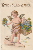 UR 26- " BONNE ET HEUREUSE ANNEE " - CARTE GAUFREE - ANGELOT AVEC PANIER DE MYOSOTIS ET TREFLE - DORURE - Anno Nuovo