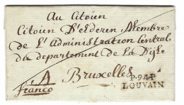 An 8 - Lettre De P.94.P. / LOUVAIN ( La Dyle ) 31 Mm Noir Pour Bruxelles - 1792-1815: Dipartimenti Conquistati