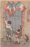 VE 24- GUERRE 1914/18 - TRIO D' ENFANTS CHERCHANT REFUGE - DRAPEAUX FRANCAIS - ILLUSTRATEUR - 2 SCANS - Patriotiques