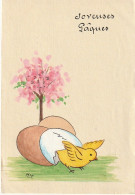 VE 25- " JOYEUSES PAQUES " - ILLUSTRATEUR M.LP ? -  POUSSIN SORTANT DE SA COQUILLE - ARBRE EN FLEURS - Pasqua