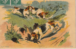 VE 26- CARTE FANTAISIE ILLUSTRATEUR - CHIENS DE CHASSE DEBUSQUANT UN LIEVRE - EDIT . E. J. R , PARIS - 2 SCANS - Dogs