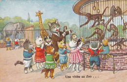 UR Nw41- " UNE VISITE AU ZOO " -  GROUPE DE CHATONS HUMANISES DEVANT LA CAGE DES SINGES - ILLUSTRATEUR - Chats