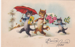 UR Nw41- " BONNE ANNEE " - FAMILLE DE CHATS HUMANISES AVEC FLEURS , GUI ET CADEAU - New Year