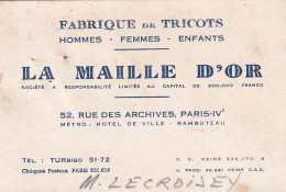 UR Nw43-(75) LA MAILLE D'OR - FABRIQUE DE TRICOTS , PARIS IV - CARTE DE VISITE  - Tarjetas De Visita