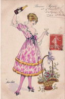 UR Nw46- " BONNE ANNEE " - FEMME AVEC COUPE ET BOUTEILLE DE CHAMPAGNE - PANIERE DE GUI ET HOUX - ILLUSTRATEUR SAGER - Sager, Xavier