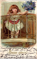 Bonne Année - Petite Fille Au Balcon - Carte Gaufrée - Nouvel An