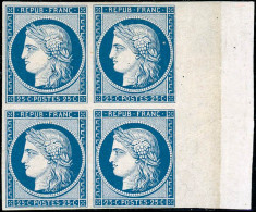 * N°4 25c Bleu, Bloc De 4 Gomme Coloniale, Très RARE - B - 1849-1850 Ceres