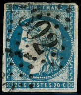 Obl. N°44A 20c Bleu Type I, R1 Qualité Standard - B - 1870 Emission De Bordeaux