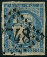 Obl. N°44Ac 20c Bleu Clair, Type I R1 - TB - 1870 Emission De Bordeaux