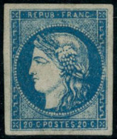 * N°44B 20c Bleu, Type I R2 Forte Charnière - B - 1870 Bordeaux Printing