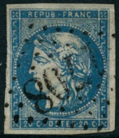 Obl. N°44B 20c Bleu, Type I R2 - TB - 1870 Bordeaux Printing