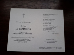 Jef Lemmens ° Antwerpen 1938 + Borgerhout 2000 X Mariette Toutenel - Décès