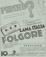 Lama Italia FOLGORE - Pubblicità Formato Grande Del 1936 - Old Advertising - Advertising