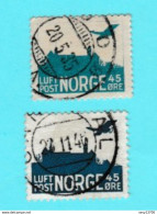 Norvège 2 Timbres Poste Aerienne Nuance De Teinte - Avion Et Chateau - Usados