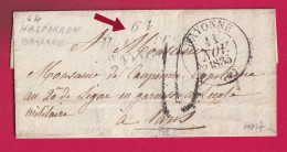 DOUBLE CURSIVE 64 HASPAREN BAYONNE BASSES PYRENEES CAD TYPE 13 BAYONNE TAXE TAMPON 10 POUR PARIS 1835 IND 17 LETTRE - 1801-1848: Vorläufer XIX