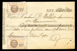 1934 Reçu Pour Solde Facture De Mallet Tannerie Maromme à Despres Bois D' Ind.. Notre Dame De Bondeville Timbres Fiscaux - Cheques En Traveller's Cheques