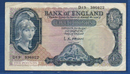 GREAT BRITAIN - P.371 – 5 Pounds ND (1957) VF,  S/n D19 396622 - 5 Pounds