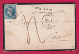 N°29 GC 3997 TOURS INDRE ET LOIRE  GRIFFE SPECIALE AFFR INSUFF TAXE 4 POUR PARIS 1869 LETTRE - 1849-1876: Klassik