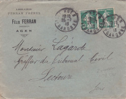 1913--lettre D'AGEN-47 Pour LECTOURE-32 ,Paire Semeuse,date 25-07-13,Pub Librairie FERRAN Félix - 1877-1920: Semi-Moderne