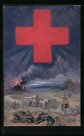 Künstler-AK Kriegszene Mit Brennendem Bauernhaus Und Verwundeten Soldaten, Rotes Kreuz  - Red Cross
