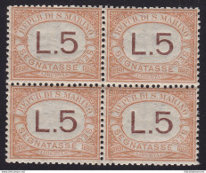 1925 SAN MARINO, Tasse N° 26  5 Lire Arancio QUARTINA MNH/** - Altri & Non Classificati