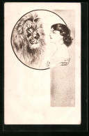Künstler-AK Frau Vor Spiegel, Aus Dem Ein Löwe Blickt  - Tigri