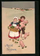 Künstler-AK Mädchen Und Junge Mit Glücksklee Und Drei Schweinchen - Neujahrsgruss  - Schweine