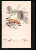 Künstler-AK Muttersau Und Ferkelchen Mit Glücksklee Und Briefen Im Schnee - Neujahrsgruss  - Schweine