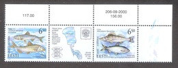 Estonia 2000 Strip Of 2 Corner Stamps +Label  Lake Peipsi Fish Mi 384-85ZF - Estonie