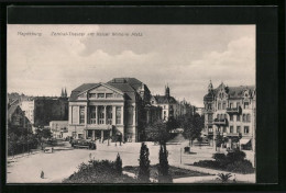 AK Magdeburg, Zentral-Theater Am Kaiser Wilhelm-Platz Und Strassenbahn  - Strassenbahnen