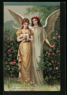 Präge-AK Engel Mit Junger Frau Und Weisser Taube, Allegorie Für Liebe  - Angels