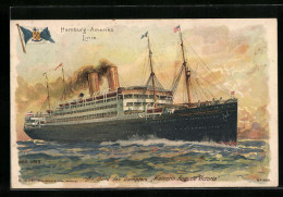 Lithographie Passagierschiff Kaiserin Auguste Victoria Der H.-A.-Linie In Voller Fahrt  - Paquebots