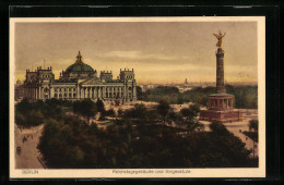 AK Berlin, Reichstagsgebäude Und Siegessäule  - Autres & Non Classés