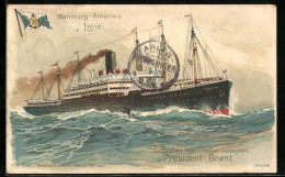 Lithographie Hamburg-Amerika Linie, Passagierschiff, Postdampfer President Grant  - Post