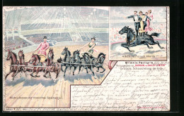 Lithographie Zirkusauftritt Mit Römischen Streitwagen Und Vier Reitern Auf Einem Pferd  - Circo