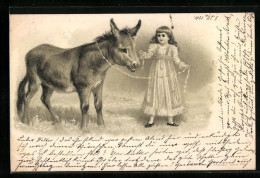 Präge-Lithographie Kleines Mädchen Mit Einem Esel An Einer Leine  - Donkeys