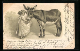 Präge-Lithographie Kleines Mädchen Lässt Esel Aus Seiner Schürze Fressen  - Ezels