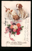 AK Zwei Hundwelpen Mit Blumenstrauss  - Dogs