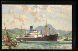 Künstler-AK Passagierschiff In Küstennähe, Blue Funnel  - Dampfer