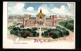 Lithographie Berlin-Tiergarten, Reichstags-Gebäude Mit Anlagen Aus Der Vogelschau  - Tiergarten