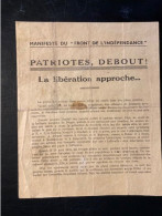 Tract Presse Clandestine Résistance Belge WWII WW2 'Patriotes,Debout! La Libération Approche...' - Documentos